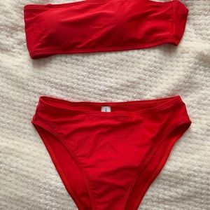 Red bandeau bikini top with high waisted bikini